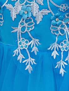 Tween Girl Bubble Short Sleeve Floral Embroidery Rhinestone Decor Multi-Layer Tulle Dress, Wedding Graduation Ceremony Puff Princess Dress, All Seasons - Blue - View 9