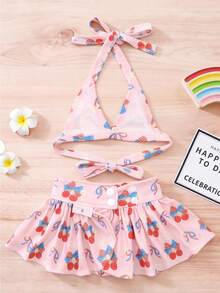 Beach Vacation Swimwear, Cherry Bow Print Halter Bikini + Ruffle Hem Swim Skirt 2pcs Set - Multicolor - View 5