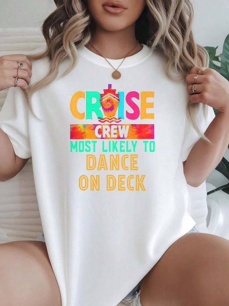 Camiseta de Mujer con Estampado 'Cruise Crew Most Likely To Dance On Deck', Opciones en Blanco y Negro, Camiseta Gráfica, Ropa de Verano para Mujer, Camisetas de Algodón Vintage Bonitas, Camisetas Gráficas de Verano, Ropa de Verano para Mujer, Camisetas Gráficas para Mujer, Tops Cortos para Mujer, Camisetas de Algodón Vintage Bonitas para Mujer, Playera Holgada para Mujer - Blanco - Ver 1
