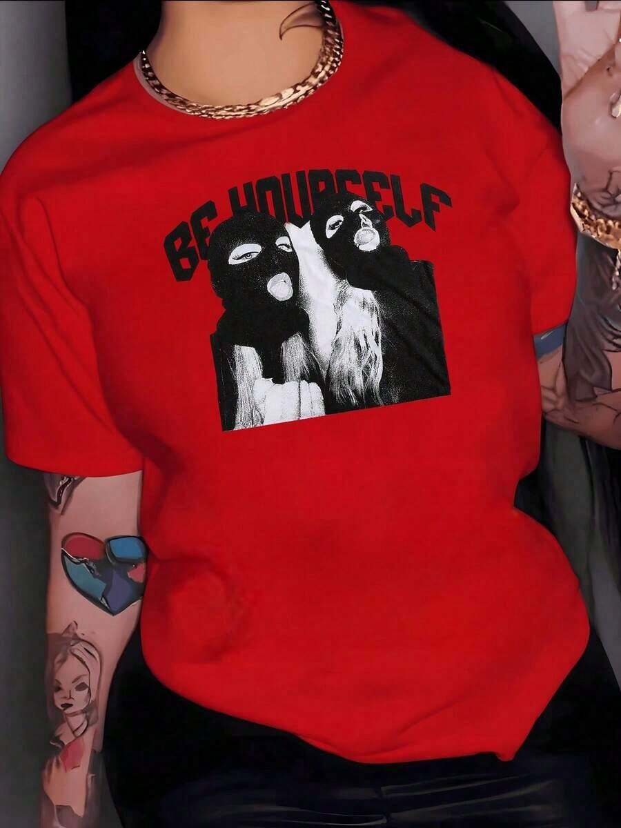 ComfortableRepresentación artística de dos figuras con pasamonta?as transmitiendo un mensaje de autenticidad y fuerza camiseta de mujer 100% algodón 220gFashion All-match Women's Short Sleeve T-shirt, Basic Style for Inner & Outer Wear - Rojo - Ver 1