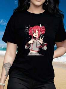 Camiseta de Personaje de Anime para Mujer, de Algodón Negro con Diseño Gráfico de Chica con Cabello Rosa, para Fanáticos de la Animación Japonesa y la Ropa de Estilo Manga |   Diseño exquisito |   Suelto y cómodo |   Fácil de combinar | - Negro - Ver 1