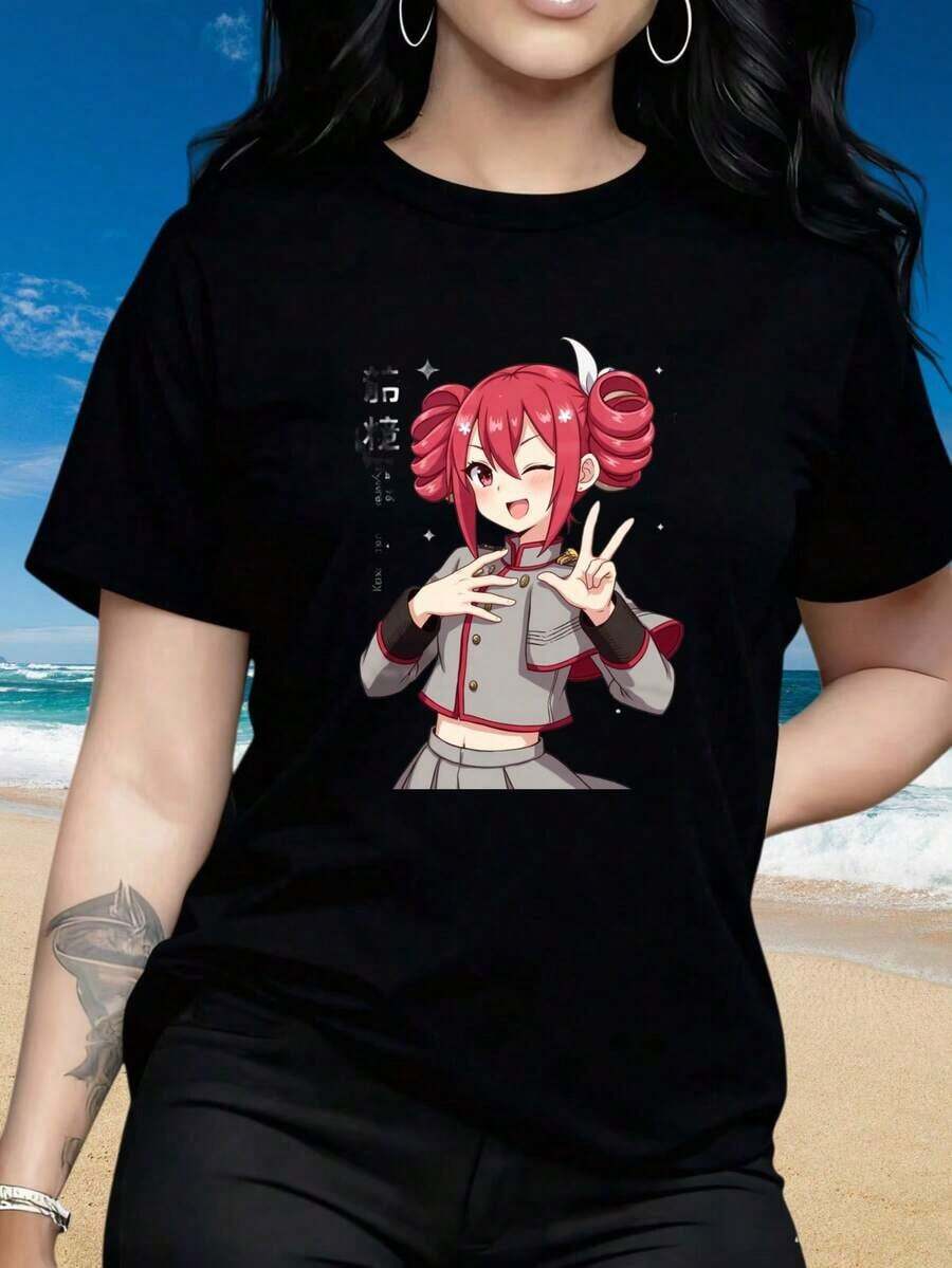 Camiseta de Personaje de Anime para Mujer, de Algodón Negro con Diseño Gráfico de Chica con Cabello Rosa, para Fanáticos de la Animación Japonesa y la Ropa de Estilo Manga |   Diseño exquisito |   Suelto y cómodo |   Fácil de combinar | - Negro - Ver 1