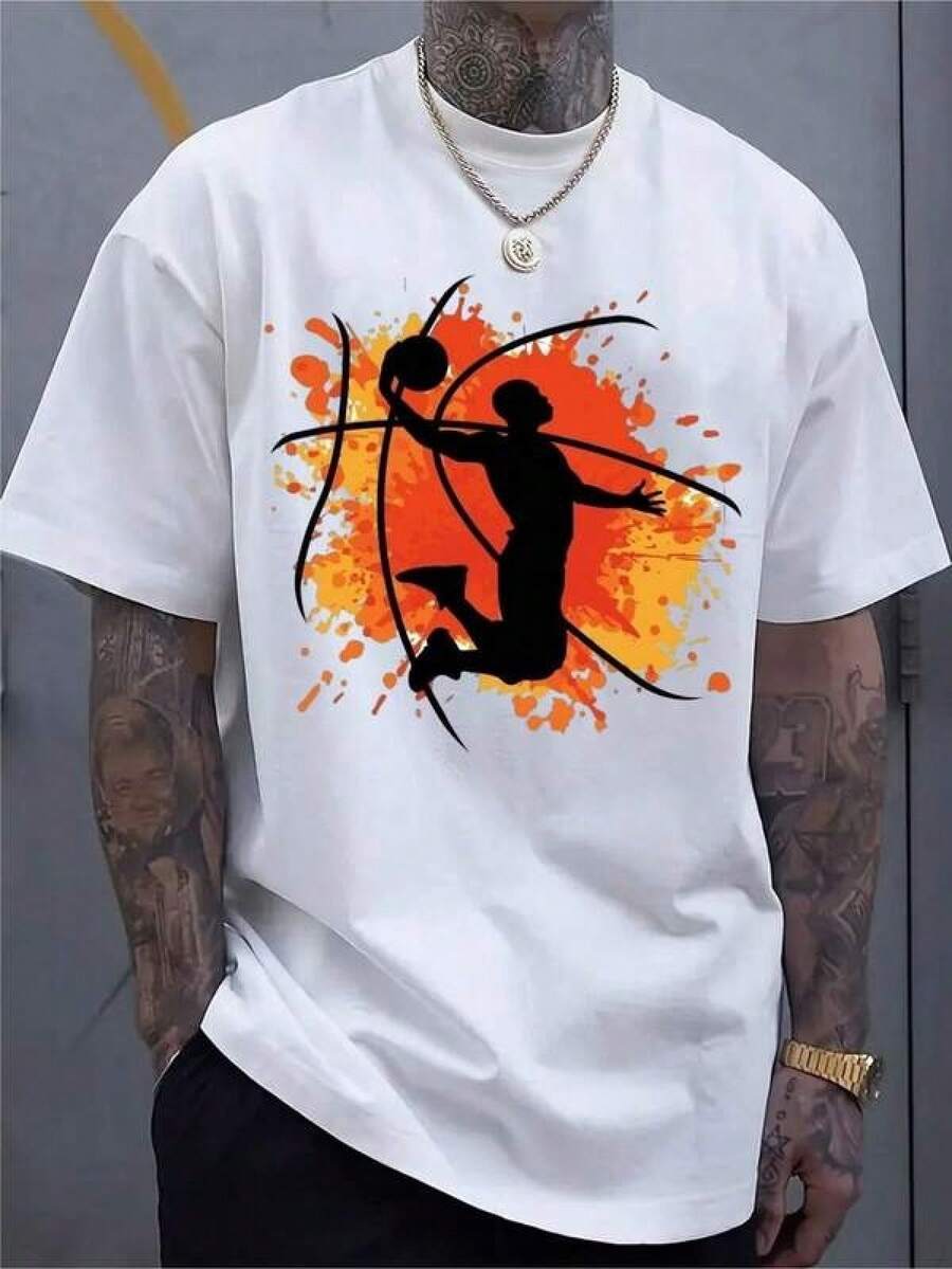Camiseta Deportiva Casual de Manga Corta para Hombre con un Elegante Estampado 2D, Hecha de Material Elástico y Cómodo, Ideal para Deportes, Viajes y Uso Casual Diario - Diseñada con Cuello Redondo de Corte Regular, Confeccionada en Tejido de Punto. - Negro - Ver 1