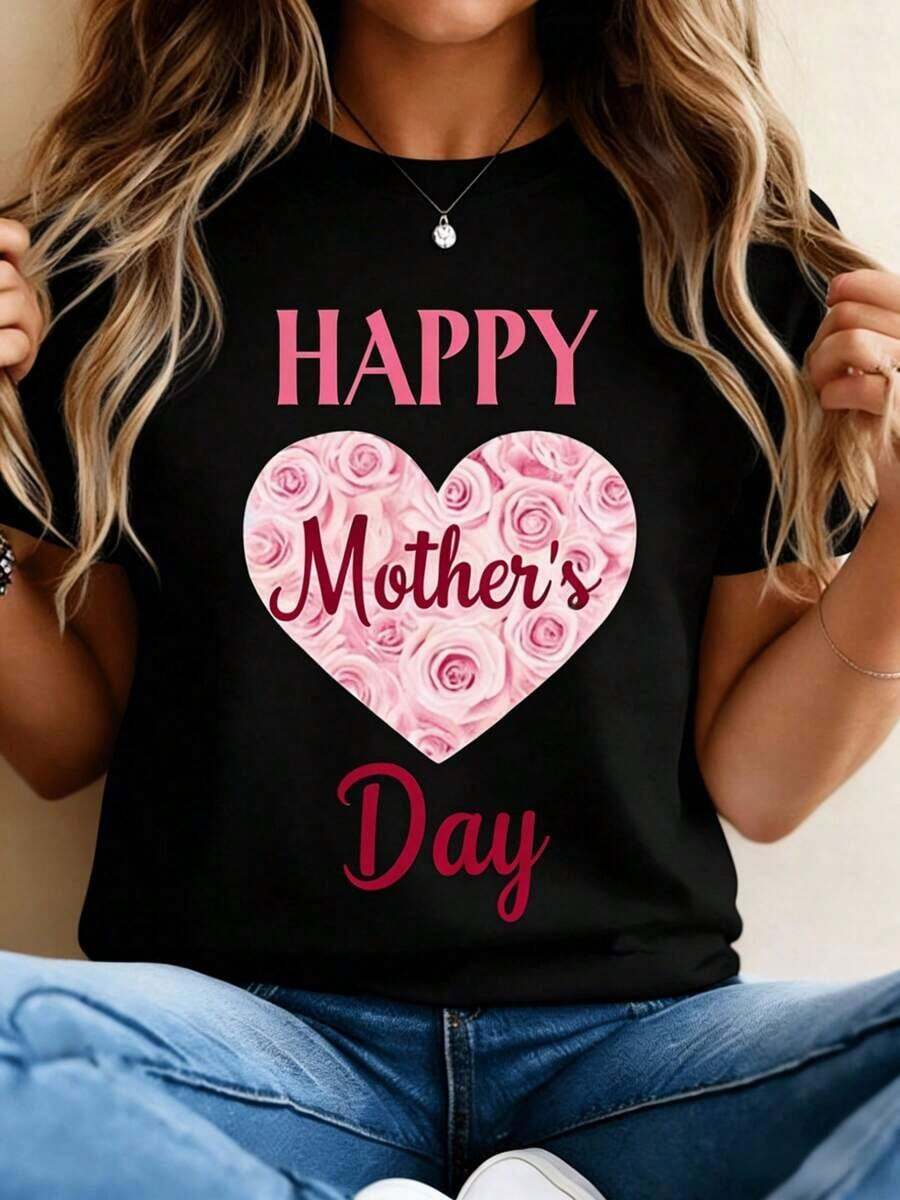 1 pieza con estampado floral de corazón para el Día de la Madre. Camiseta de Verano para Mujer, Cuello Redondo, Manga Corta, Blanca, Transpirable, Casual, 180g Algodón 100% - Negro 2 - Ver 1