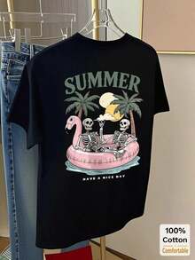 Camiseta casual de manga corta con estampado de letras de dibujos animados, de longitud media, top de moda para mujer, estilo veraniego en negro. - Negro - Ver 1