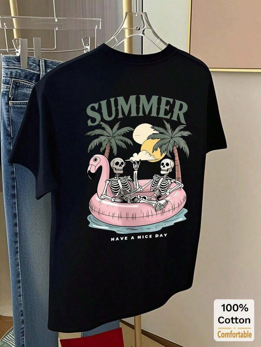 Camiseta casual de manga corta con estampado de letras de dibujos animados, de longitud media, top de moda para mujer, estilo veraniego en negro. - Negro - Ver 1