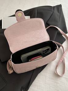 Bolso de mano pequeño con solapa para mujer, bolso cuadrado con decoración de hebilla de metal de moda, bolso de hombro y bandolera - Rosa Pálido - Ver 11