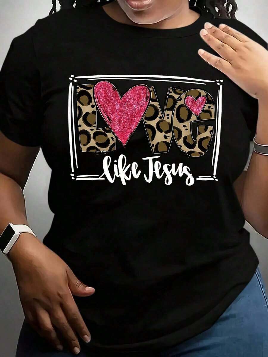 100% Cotton, Women's T-Shirt With Heart Design And Leopard Print "Love Like Jesus", Women's Casual Wear For Everyday Use, For Church And Faith-Inspired Outfits. - 黑色 - 查看 1