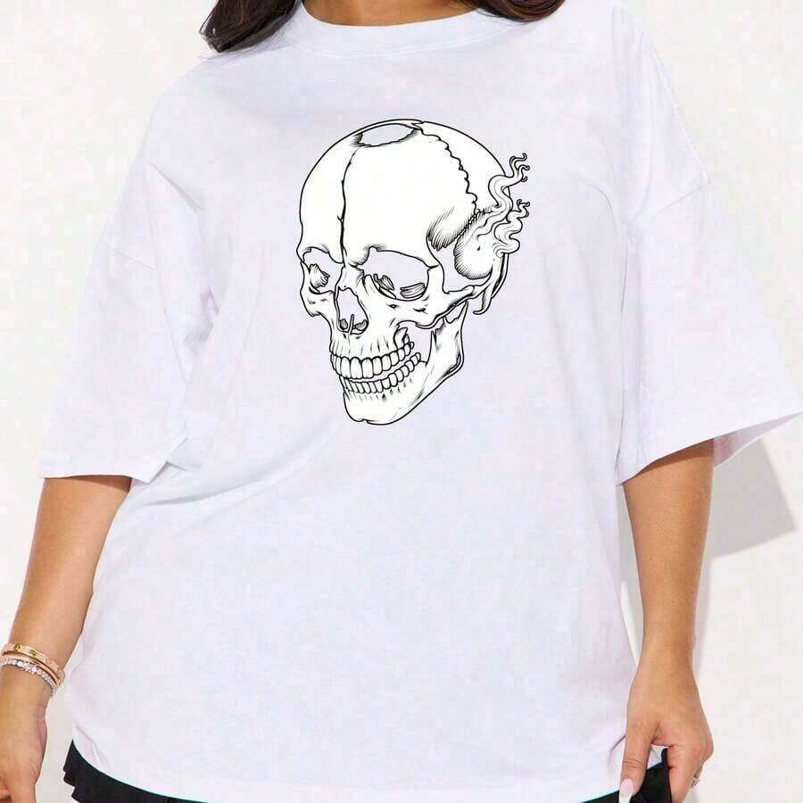 Ropa de Verano 2026: Camiseta Oversize con Estampado de Calavera, Corte Holgado, Estilo Casual Urbano, Top de Moda de Verano, Camiseta Unisex, Estética Clean Girl, Tejido de Punto Acanalado Minimalista, Elegancia Sencilla para el Trabajo y el Fin de Semana. Tops de Verano Holgados y Cómodos, Ropa Fresca de Verano para Mujer. - Blanco - Ver 1