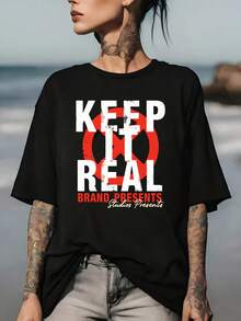 Camiseta de mujer "Keep It Real" - Perfecta para reuniones familiares y eventos corporativos, una excelente opción de regalo, cómoda para usar en verano y una elección ideal para las celebraciones del 4 de julio. - Negro - Ver 7