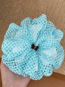 1pc New Mint Blue Double-Layer Hollow Grid Chiffon Scrunchie, Soft Hair Tie Ponytail Elastics Rubber Bands - Multicolor - View 3