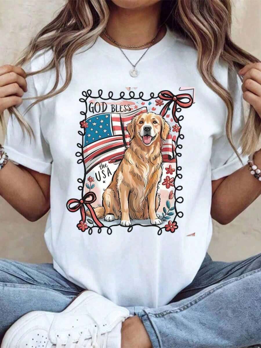 Limited Time Offer, Limited Quantity Available, Lightning, Women's Shirts, Women's T-Shirts God Bless America! Patriotic T-Shirt With American Flag And Golden Retriever Design, For Women, Ideal For Casual Occasions, Perfect For Independence Day/4th Of July Celebrations. - 白色 - 查看 1