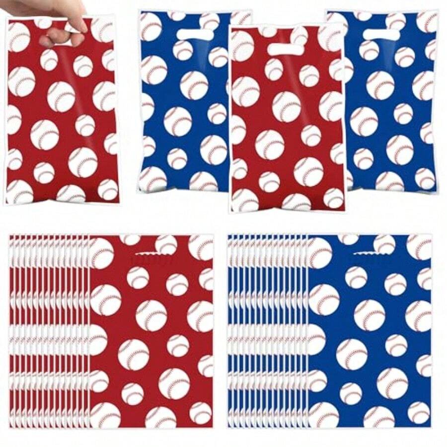 60 bolsas de regalo de plástico de béisbol, bolsas de recuerdo de fiesta de béisbol con asa, béisboles rojos y azules, bolsa de dulces con temática de béisbol, bolsa de regalo de plástico con temática - Rojo y azul - Ver 1