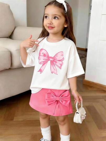 1 Set Of Short Sleeve T-Shirt And Bow Skirt Outfit Suitable For Older Girls And Teenagers, Featuring Bow Print Pattern Short Sleeve T-Shirt And Bow Skirt - Perfect Summer Gift, Suitable For Spring And Summer Wear At School And Outings