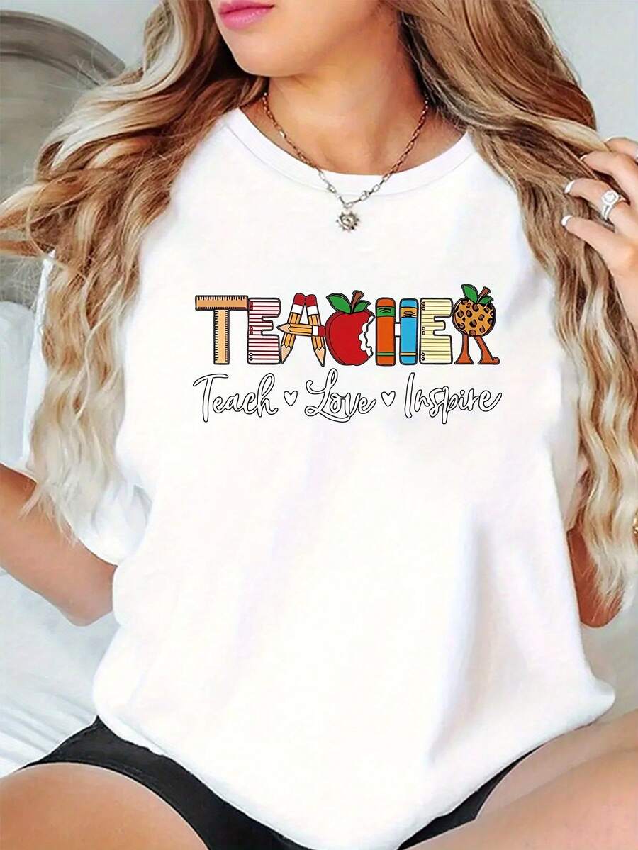 Simple And Versatile Design: New Fashionable Women's T-Shirt With Letter Print, Round Neck, Casual Sporty Style, Comfortable For Four Seasons, Simple And Versatile, Stylish, With Color Print, Made Of Cotton. - 白色 - View 1