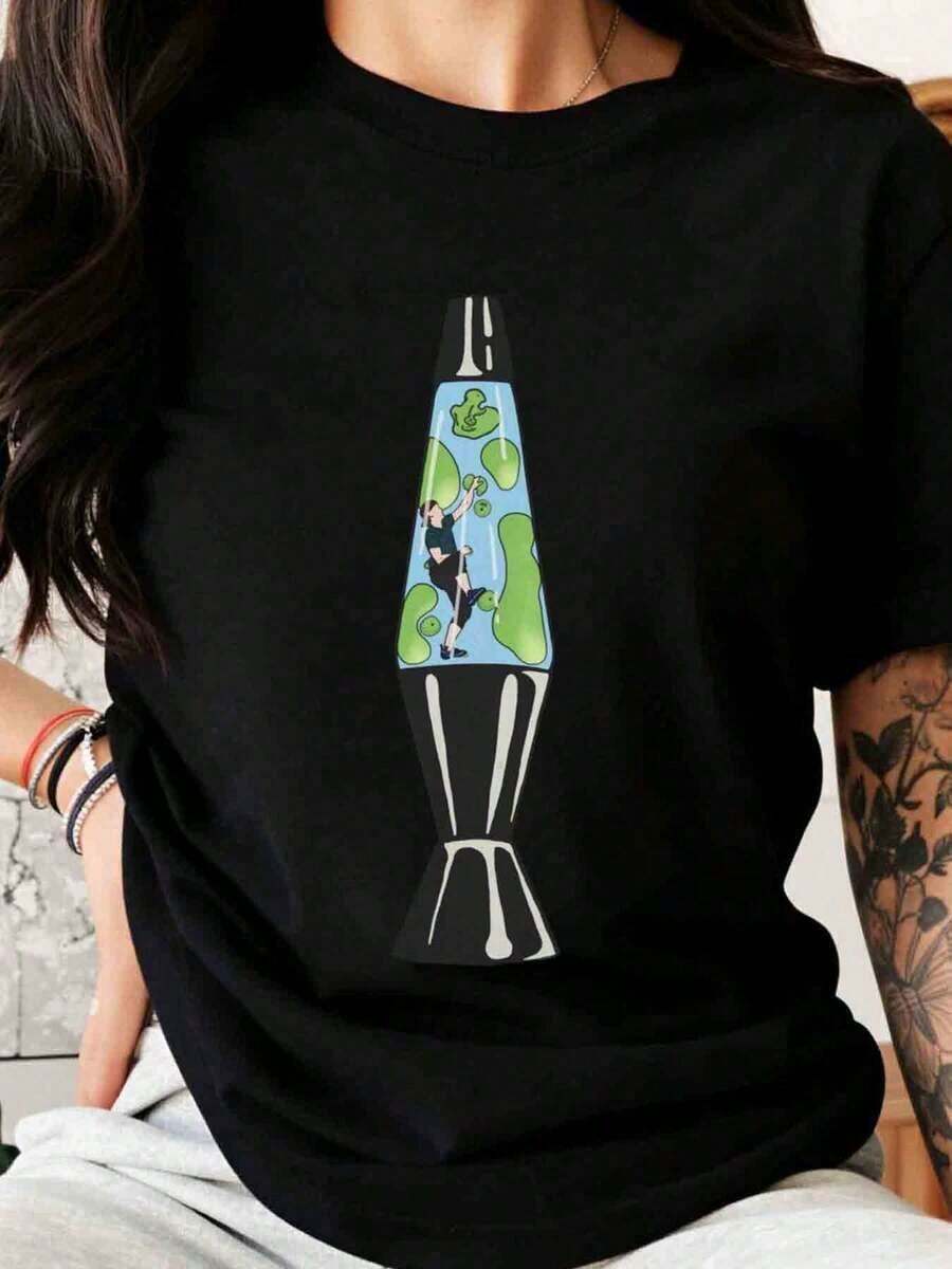 Lava Lamp And Man Climbing Design T-Shirt, Casual Graphic Tee For Women And Men, Fun Unisex Vintage Style, Perfect For Parties, Halloween, Or Everyday Wear. Loose Fit T-Shirt For Women - 黑色 - 查看 1
