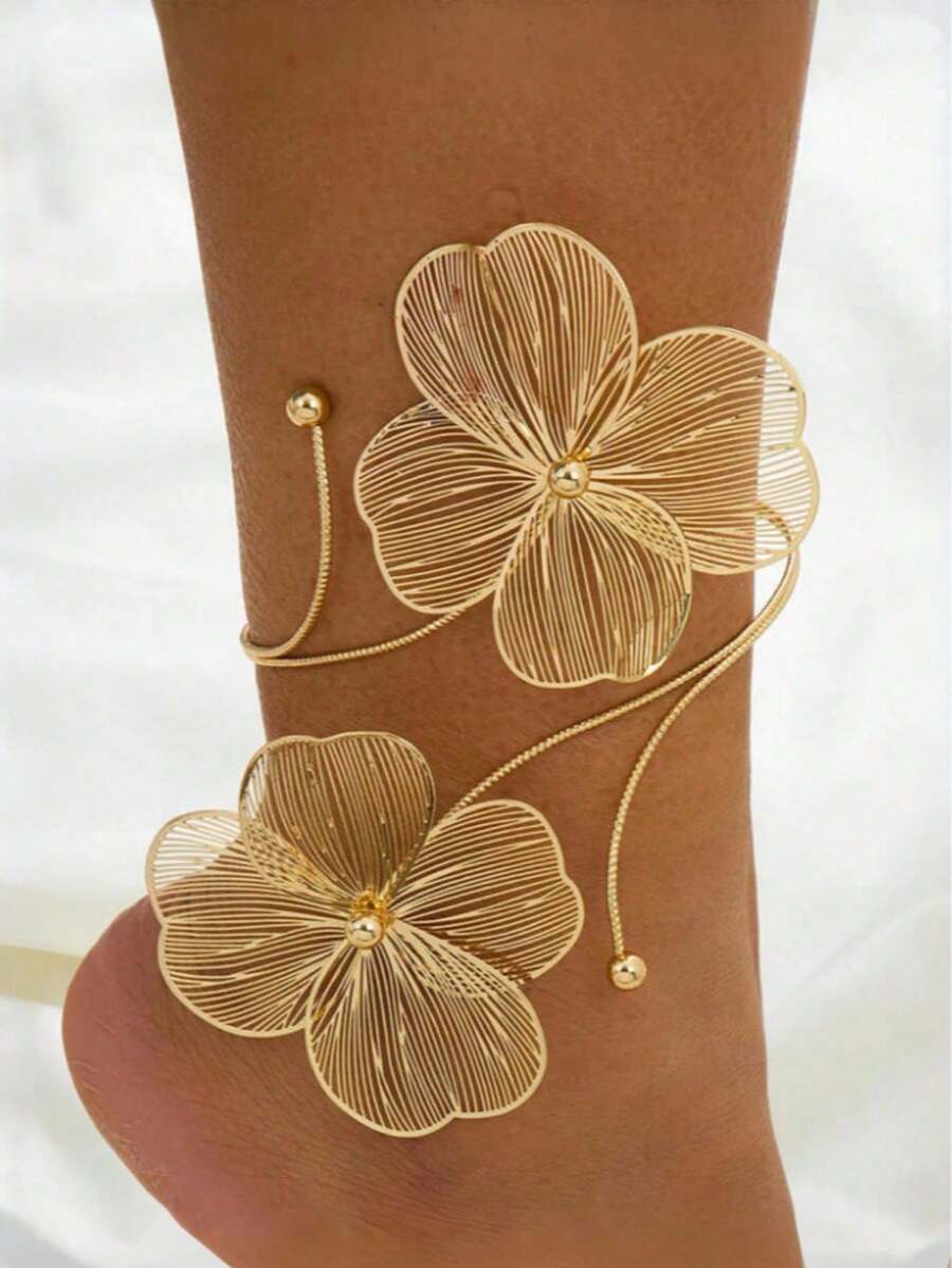 1pc Geometric Retro French Texture Flower Foot Ring Women's Foot Accessories Adjustable Opening Holiday Gift - Gold - View 1