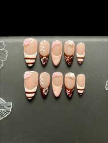 Handmade Press On Nails, Summer Nails,10Pcs Tropical Fake Nails With Brown French Tip, 3D Flower & Starfish, Nude Almond Acrylic Nails, Reusable False Nails For Summer/Beach/Party - Multicolor - View 2