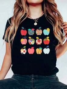 2026 Camiseta Divertida con Manzanas Artísticas para Regreso a Clases, Maestros y Estudiantes - Blusas para Mujer Casual - Negro - Ver 3