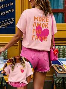 女款夏季度假 T-shirt，印有「More Amor Por Favor」文字與粉色愛心圖案，休閒圓領短袖上衣，粉紅色 - 粉色 - 查看 6