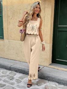 Frenchy 2 piezas Conjunto de top de tirantes bordado y pantalones casuales versátiles para vacaciones de mujer - Marrón - Ver 8