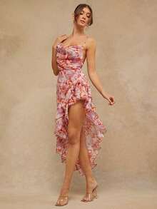 Vestido camisero elegante con estampado floral, volantes y bajo asimétrico para mujer - Multicolor 2 - Ver 3