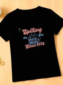 1 pieza Camiseta "Spilling The Tea Since 1773", Camiseta para Veteranos, Camiseta del 4 de Julio, Camiseta, Camiseta con Capucha del 4 de Julio, 180g Algodón 100% - Negro 3 - Ver 12