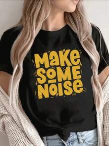 1 camiseta de manga corta para mujer, con un llamativo diseño de "Make Some Noise", fondo negro con letras amarillo brillante, estilo casual, adecuada para el uso diario, ligera y cómoda, perfecta para quienes aman la moda expresiva, 100% algodón de 180g. - Blanco - Ver 6