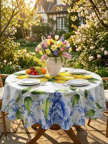 1/2pcs Tablecloth, Lemon Floral Pattern Tablecloth, Made Of Polyester Fiber, Suitable For Kitchen, Dining Room, Coffee Table, Dining Table, Picnic, Camping, Countryside Decor, Square Or Round Shape Available, Vintage Blue And White Floral, Fresh And Natural Style - Multicolor - View 16