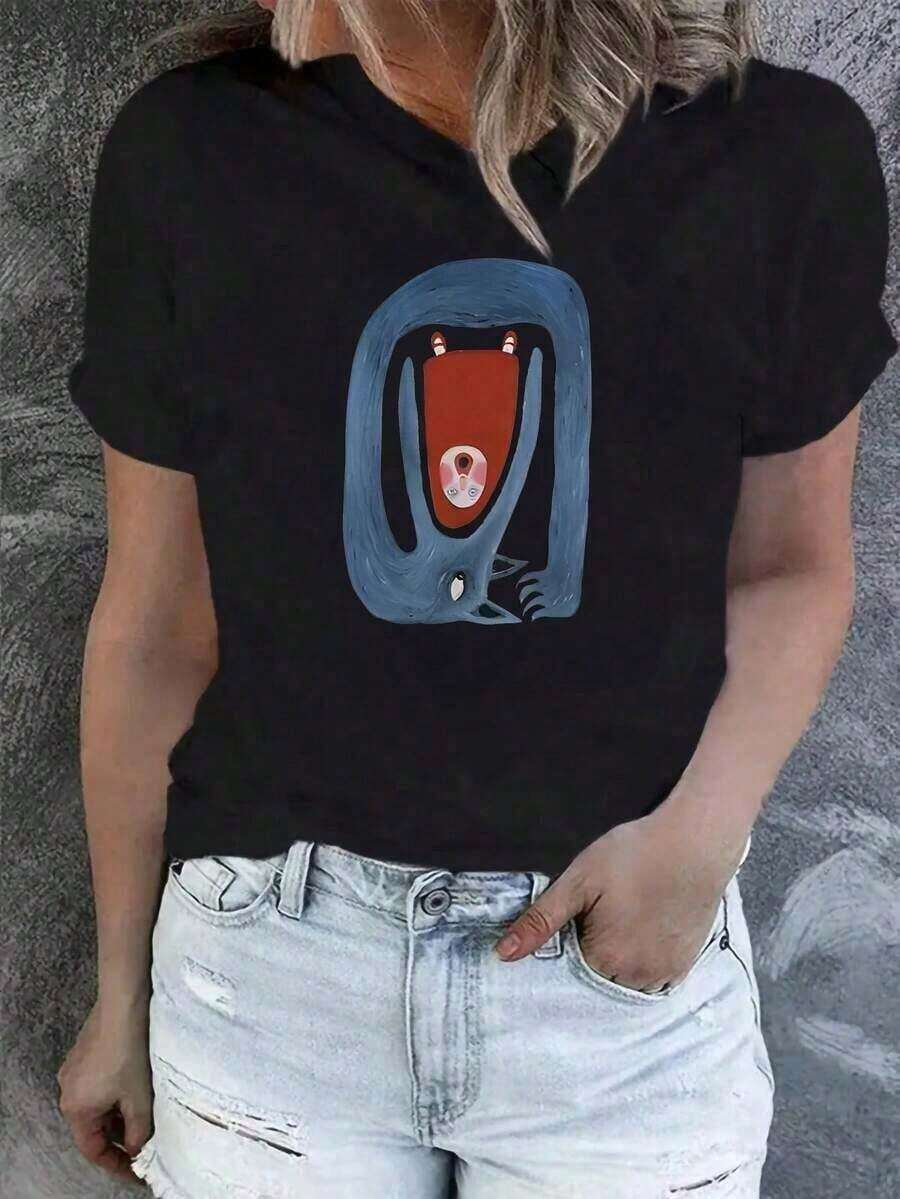 playeras de mujer algodon Camiseta de Mujer con Estampado de Caperucita Roja y Lobo - Manga Corta, Cuello Redondo Casual, Cómoda para Todas las Estaciones, Tallas S-XXL, Ropa Inspirada en Historias, Diseño Divertido, Tejido Elástico MedioSuitable for spring, summer and autumnmaija >ropa - Negro - Ver 1