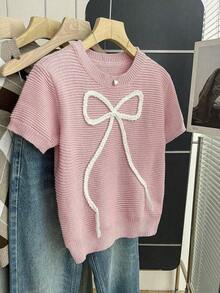 2026Franclia Nuevo suéter de punto casual con lazo dulce y lindo en color rosa para mujer, blusa de lazo rosa bebé de manga corta para primavera/verano, blusas de punto con lazo lindas para mujer - Camel - Ver 9