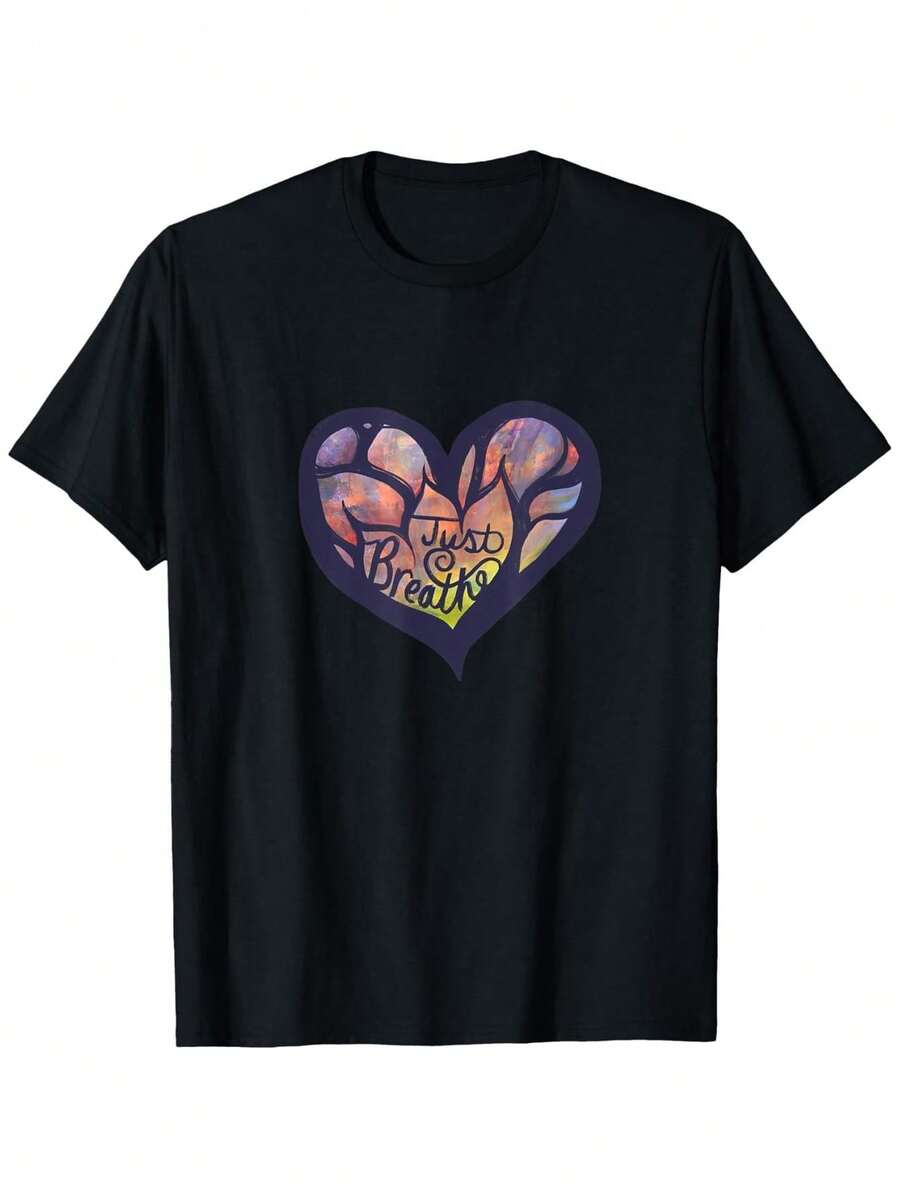 1 pieza de camiseta de moda masculina con estampado de letras "Just Breathe" de estilo artístico de yoga, corte regular, peso de tela 180g, 100% algodón, tallas S-XXXL, cuello redondo, top casual divertido y artístico, 100% algodón 180g. - Negro - Ver 1