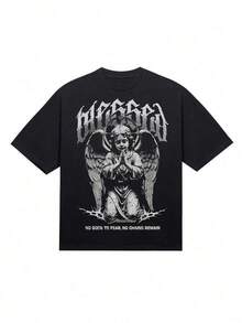 Camiseta negra de manga corta con estilo religioso oscuro, con la frase "NO GODS TO FEAR, NO CHAINS REMAIN" y un gráfico de ángel, cuello redondo simple y casual, estilo retro y moderno para hombres, adecuada para todas las estaciones, 100%, tallas S - XXL. - Negro - Ver 6