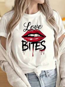 Camisetas para Mujer y Hombre con Cuello Redondo y Mangas Cortas, Camiseta con Estampado "Love Bites Vampire Lips" para Mujer, Camiseta Gráfica Negra, Camiseta de Disfraz de Halloween, Top de Moda de Terror Divertido. Los Estampados Divertidos son Adecuados para Fiestas de Navidad, Actividades Deportivas, Fiestas de Vacaciones, Salidas, Deportes y Otros Regalos Festivos. - Blanco - Ver 1