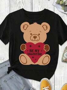 playeras de mujer algodon Camiseta de talla grande con estampado de oso de peluche sosteniendo un corazón y la frase "Be My Valentine" para el Día de San Valentín, estilo vintage urbano, unisex, de algodón, manga corta, cuello redondo, blusas para mujer. blusas.blusas casuales para dama.Impresión de osos cariñosos.Camiseta estampada Impresión de osos cariñosos.   >ropa - Negro - Ver 3