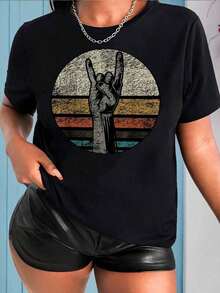 1 pieza de camiseta de manga corta informal para mujer con estampado gráfico de gesto de mano estilo rock and roll vintage, top de moda de verano, 210g, 100% algodón, los diseños están completamente impresos. Unisexo. - Negro - Ver 6