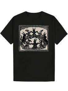 Men's Vintage Anime Horror Graphic T-Shirt - Retro Y2K Gothic Monster Design T-Shirt, Casual Short Sleeve Crew Neck Summer Shirt, Machine Washable, Unique Gift For Men, Anime T-Shirt, Summer Fashion, Bold Design, Comfortable Fit, Alternative Style, High Quality Print, For Alternative Fashion Lovers - 黑色 - 查看 6