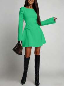 Mini Dress With Long Sleeves, Round Neck With Bow And Defined Waist - Dark Green - View 2