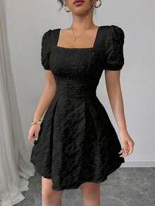 Vestido de mujer de manga abullonada y cuello cuadrado, de moda para el verano - Negro - Ver 6
