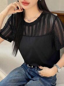 Blusa casual de mujer de cuello redondo simple con contraste de malla y manga corta, para uso diario, ropa de vuelta al colegio - Negro - Ver 6