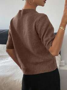 Blusa de punto de manga corta y cuello redondo con decoración de corazón, de corte holgado, para mujer, para primavera/otoño - Marrón - Ver 2
