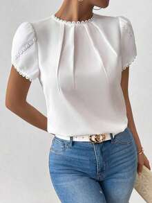 Camisa de mujer elegante y casual con mangas abombadas y volantes de unicolor - Blanco 2 - Ver 8
