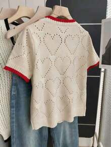 Blusa de punto holgada de cuello redondo y manga corta con diseño de corazón hueco y ribete de contraste en beige para mujer, suéter de manga corta para primavera/verano, últimas blusas de mujer, nuevas llegadas de blusas de punto para mujer - Albaricoque - Ver 2