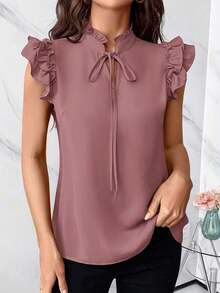 Blusa con cuello de corbata y volantes para el Día de la Mujer - Rosa vieja - Ver 3
