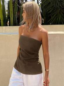 Top bandeau ajustada y fruncida de unicolor casual de verano para mujer - Café integral - Ver 6
