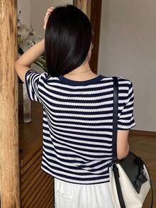 Top casual de ajuste ceñido con cuello redondo y mangas cortas a rayas, para uso diario, estilo veraniego "Old Money" - Azul marino - Ver 4
