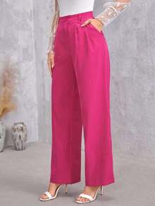 Pantalones rectos con cremallera en color sólido para otoño/invierno - Rosa Fucsia - Ver 5