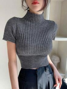 Blusa de punto de manga corta y cuello alto en unicolor, estilo informal de negocios - Gris Oscuro - Ver 3