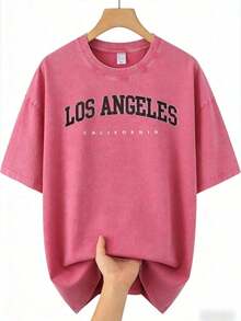 Camiseta vintage lavada con estampado de letras de Los Ángeles, California, de algodón lavado, unisex, de manga corta y corte holgado. - Rosa Fucsia - Ver 6