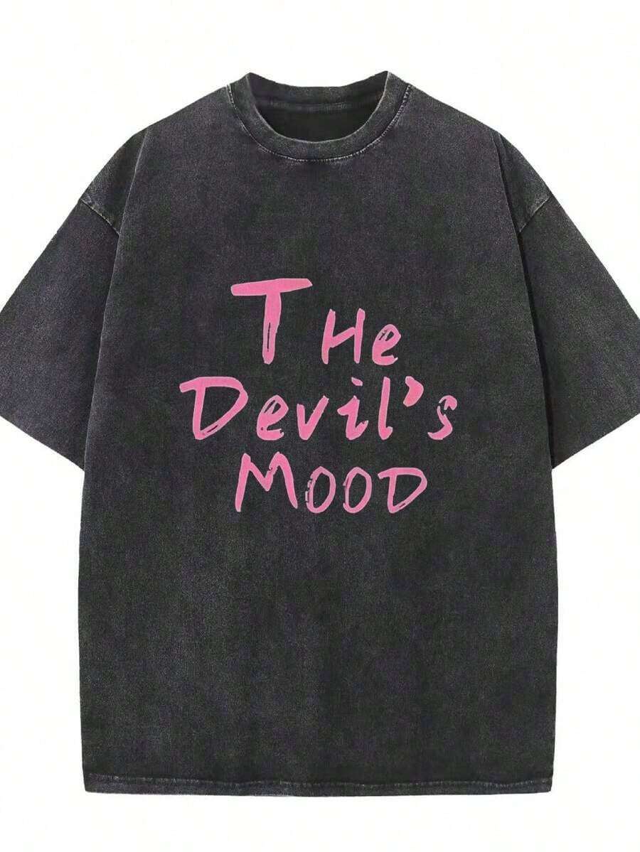 Camiseta de manga corta estampada de algodón lavado de 230 g, colección Verano 2026| Camiseta de manga corta estilo retro americano, holgada, de hombros caídos, estilo para parejas, de algodón pesado lavado y desgastado para verano. - Negro - Ver 1